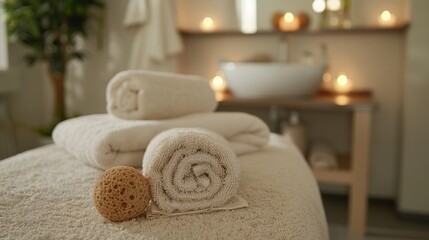 Cozy spa setting with neatly stacked towels, candles, and botanical elements under warm glowing lights for a relaxing atmosphere