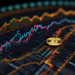 Bitcoin cryptocurrency, stock market, chart analysis in the background