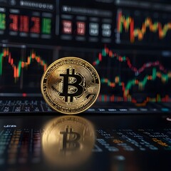 Bitcoin cryptocurrency, stock market, chart analysis in the background
