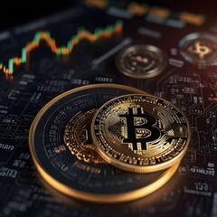 Bitcoin cryptocurrency, stock market, chart analysis in the background