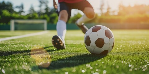 Fototapeta premium Close-up of a soccer player's foot striking a soccer ball on a sunny day at the field Emphasizes action and skill in sports