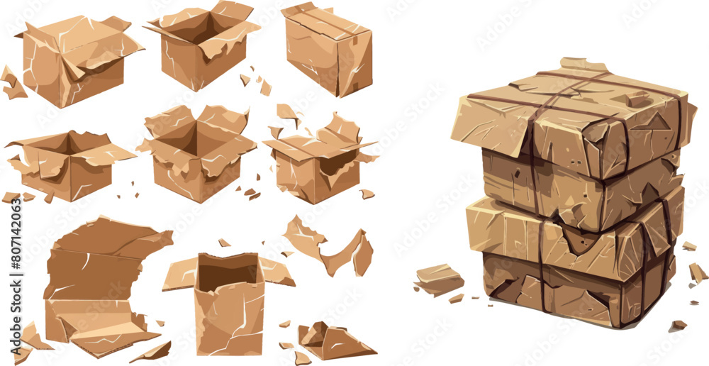 Poster damaged cardboard boxes. damage package box, crumpled broken torn container delivery fail bad