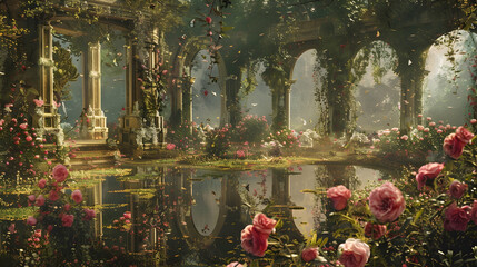A garden of mirrors, where reflections come to life and dance among the flowers