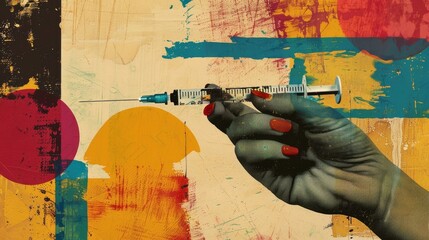 A hand and a syringe are part of an art collage.