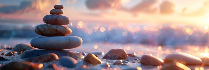 Stacked pebbles on a pebbly beach with shimmering water backdrop create a zen-like atmosphere for relaxation