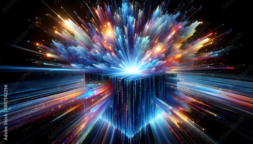 Aufkleber a rectangular block of vibrant, glowing binary code transitioning into a burst of colorful light ray