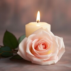 Rose background with white thin wax candle with a small lit flame for funeral grief death dead sad emotion with copy space texture for display products 