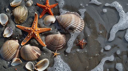 Starfish and Seashells on sand