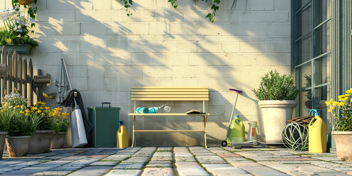 Outdoor Seating Maintenance Area Floor: Featuring a designated area for maintaining outdoor seating areas, with cleaning supplies and equipment for outdoor furniture maintenance