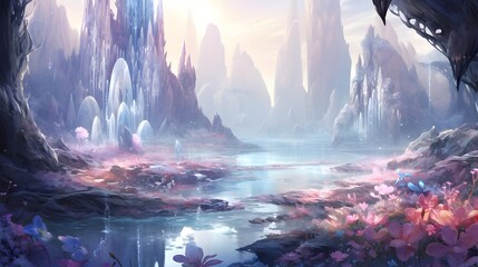 Fantasy landscape with a mountain lake and waterfall. Digital painting.