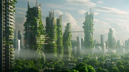 A skyline dominated by towering arcologies that serve as self-sustaining ecosystems