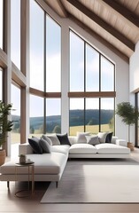 White large sofa with cushions in a room with large panoramic floor-to-ceiling windows and high ceiling. Country style, boho interior design of modern living room in the house
