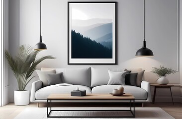 Modern design with a frame on a gray monochrome wall. Comfortable sofa in the room, minimalistic monochrome interior, bright living room in the house