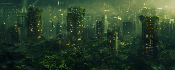 Illustrate a futuristic metropolis in ruin