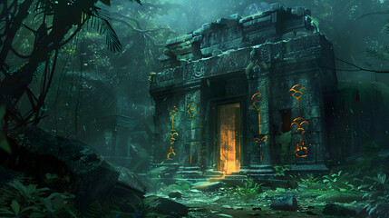 A temple hidden within a jungle, its walls covered in glowing runes that tell the stories of forgotten gods