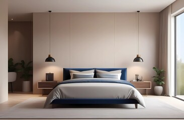 Modern bedroom interior design, minimalist wall color, high ceilings, cozy bed.