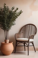Rustic chair and large clay pot with branch against beige wall. Boho interior design of modern living room.