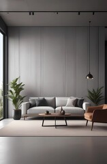 Minimalist gray interior design modern living room, home with gray wall and high ceilings. Sofa with cushions.