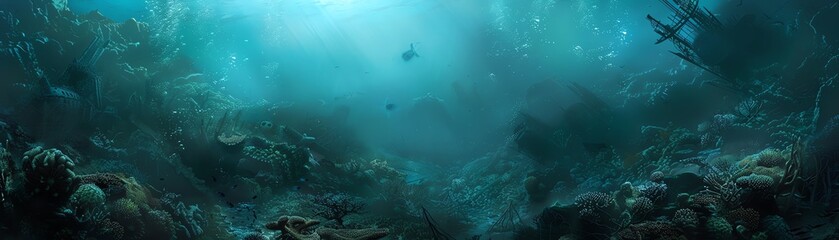 Fototapeta premium Illustrate a haunting underwater world with a twisted coral reef, emphasizing marine pollution in a spine-chilling, unexpected perspective