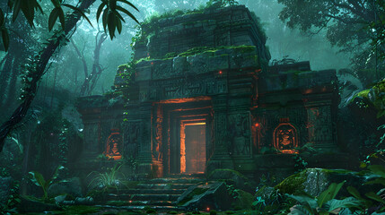 A temple hidden within a jungle, its walls covered in glowing runes that tell the stories of forgotten gods