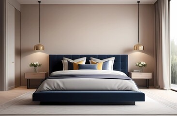 Modern bedroom interior design, minimalist wall color, high ceilings, cozy bed.