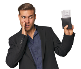 business caucasian man holding tickets is saying a secret hot braking news and looking aside