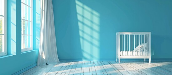 Minimalist baby room home interior design with blue wall copy space background. AI generated image