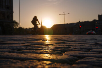 Close-up of cobblestones in the city during sunset