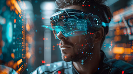 A man in high-tech wearables, with futuristic glasses and cybernetic elements, in a neon-lit data center