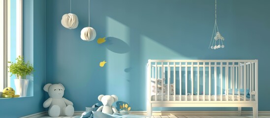 Minimalist baby room home interior design with blue wall copy space background. AI generated image