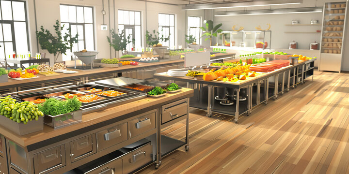 Event Catering Preparation Area Floor: Showing a designated area for preparing food for catering events, with catering equipment and staging areas