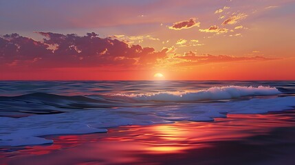 Tranquil Sunset Seascape with Breathtaking Hues and Serene Waves on Beach