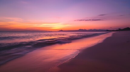 Serene Sunset Over Tranquil Beach Landscape with Reflecting Waves