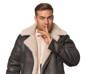 Young caucasian man keeping a secret or asking for silence.