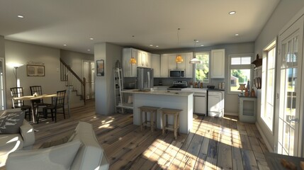 small house cross view kitchen bathroom living room 