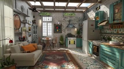 small house cross view kitchen bathroom living room 