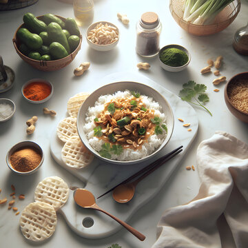Tipat Cantok with Peanut Sauce on Marble Counter