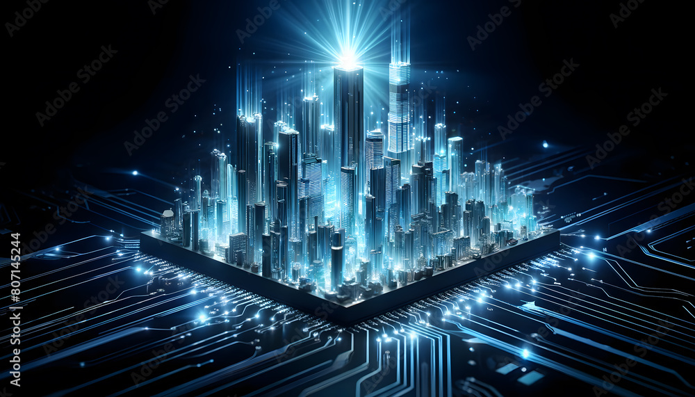 Poster a rectangular block of vibrant, glowing binary code transitioning into a burst of colorful light ray