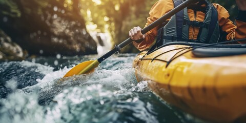 Fototapeta premium An intrepid kayaker in a bright orange kayak paddles fiercely through foaming white river rapids surrounded by lush greenery