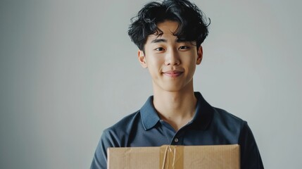 Obraz premium young man standing confidently Holding an empty brown package in hand, ready for delivery With a determined expression He therefore shows efficiency and reliability in his work.