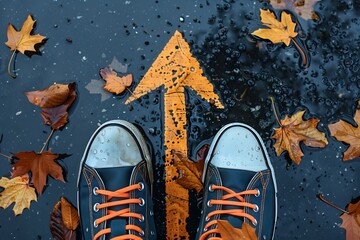 a pair of shoes with bright orange laces on a wet asphalt surface. An arrow painted in yellow is directly in front of the shoes