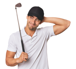 Young Hispanic man with golf club touching back of head, thinking and making a choice.