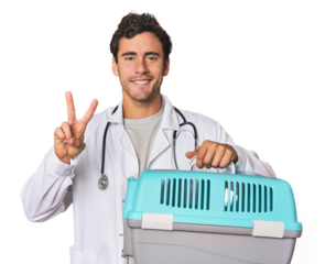 Young Hispanic man as vet with cage showing number two with fingers.