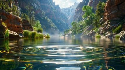 A mountain valley with a river flowing through it. The water is calm and the sun is shining on it
