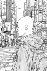 A drawing of thoughtful bald woman wearing a backpack walking on a bustling city street
