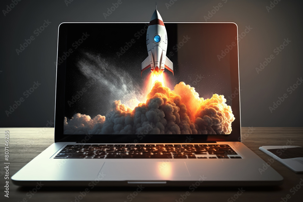 Poster a laptop screen displaying a realistic rocket launch simulation, showcasing the liftoff of the space