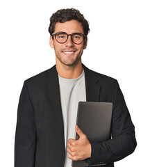 Young Hispanic businessman with laptop happy, smiling and cheerful.