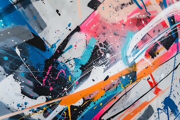 an abstract graffiti artwork combining vibrant splashes of blue, orange, and pink colors