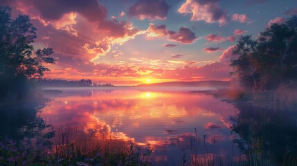 A beautiful sunset over a lake with a reflection of the sun on the water. The sky is filled with clouds, creating a serene and peaceful atmosphere