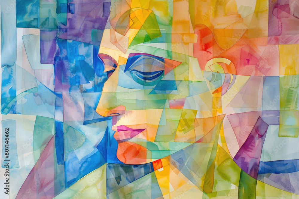 Poster a vibrant painting featuring a womans face with a multitude of colors, showcasing an array of emotio